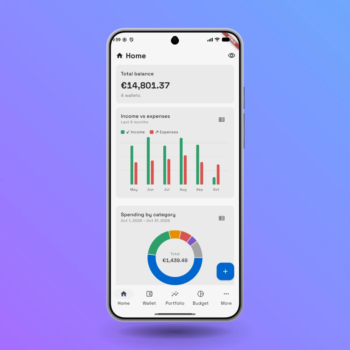 TrackFin dashboard showing wallet balances, income and expenses, and spending by category