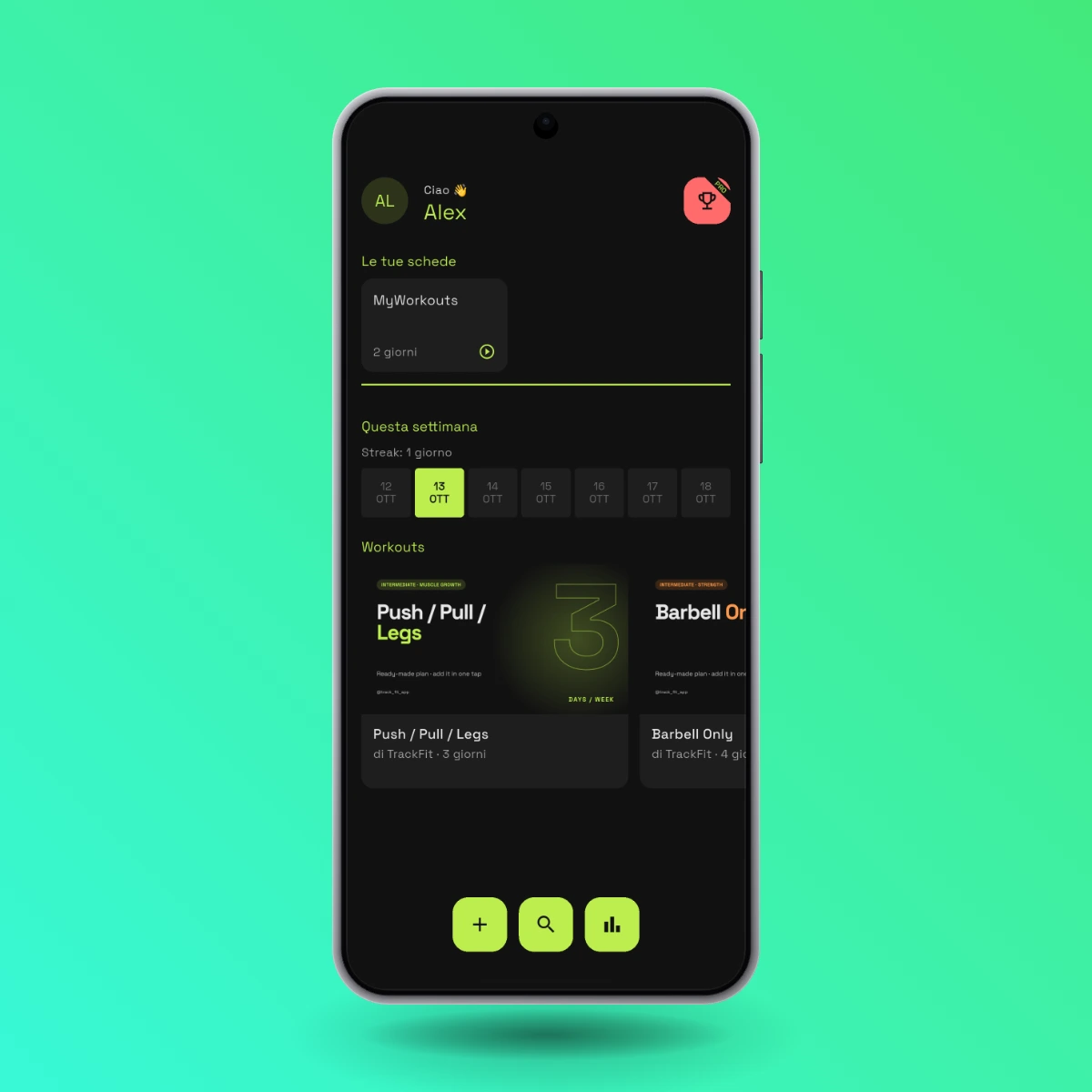 TrackFit dashboard with workout plans and weekly activity