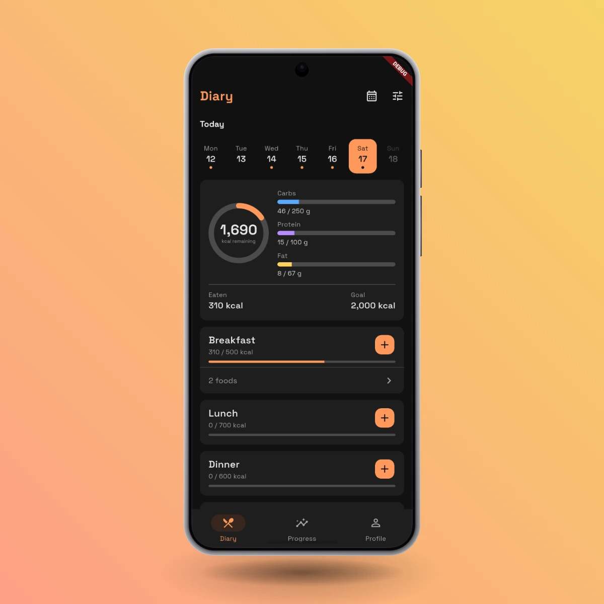 TrackFood app preview showing the daily nutrition diary