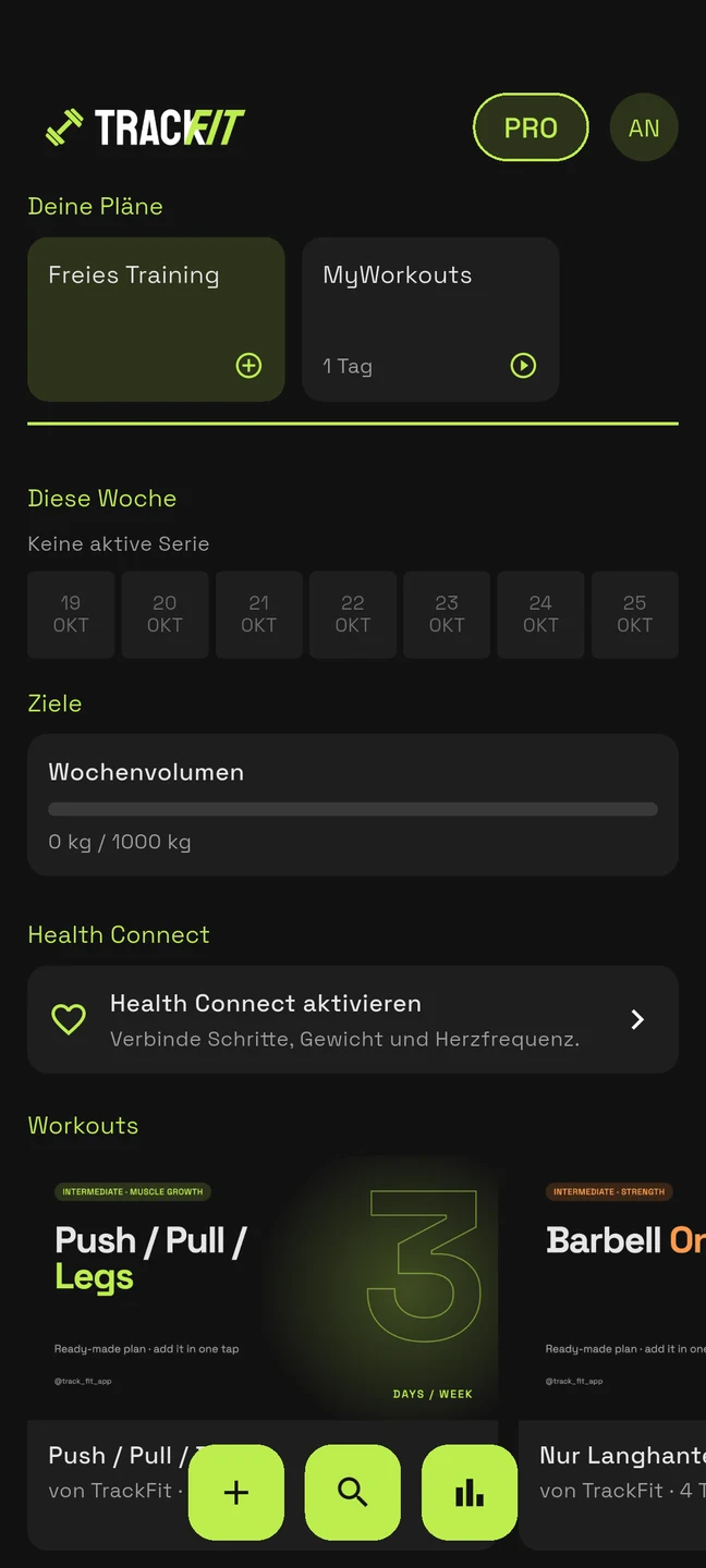 TrackFit-Startseite mit eigenen Plänen und Wochenzielen