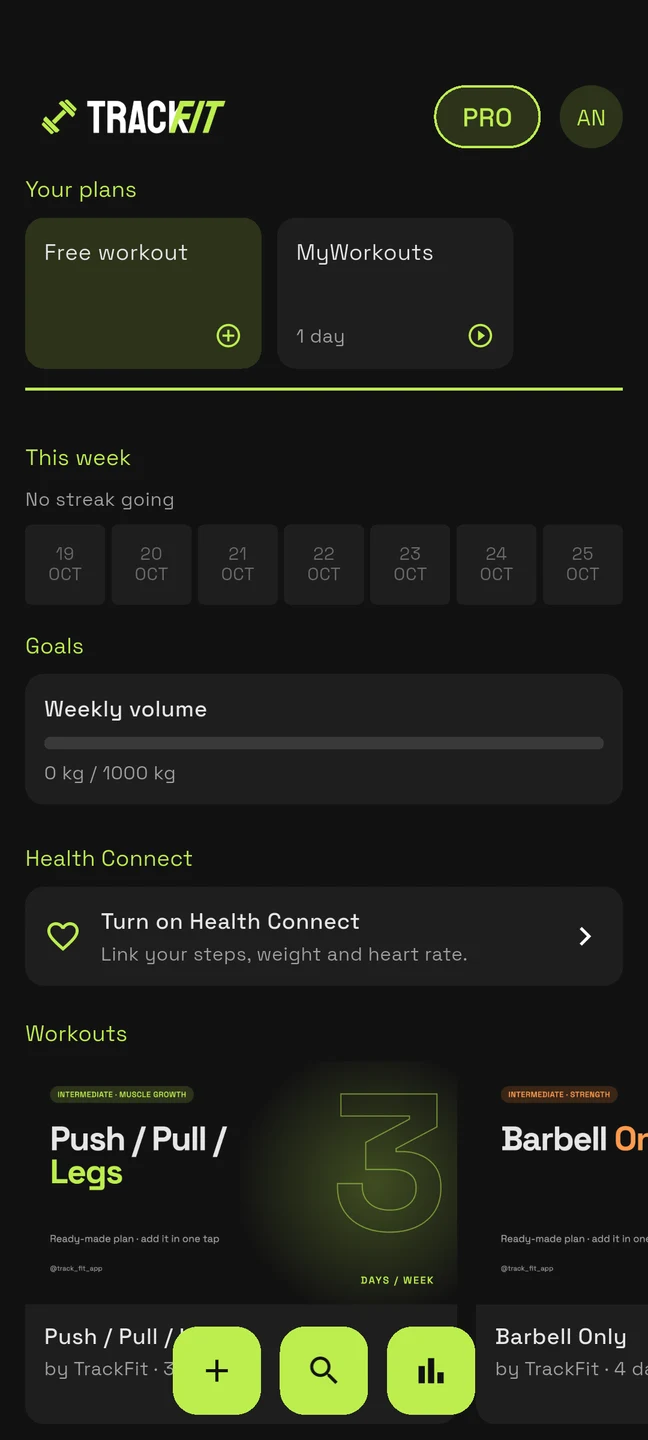 TrackFit home with personal plans and weekly goals