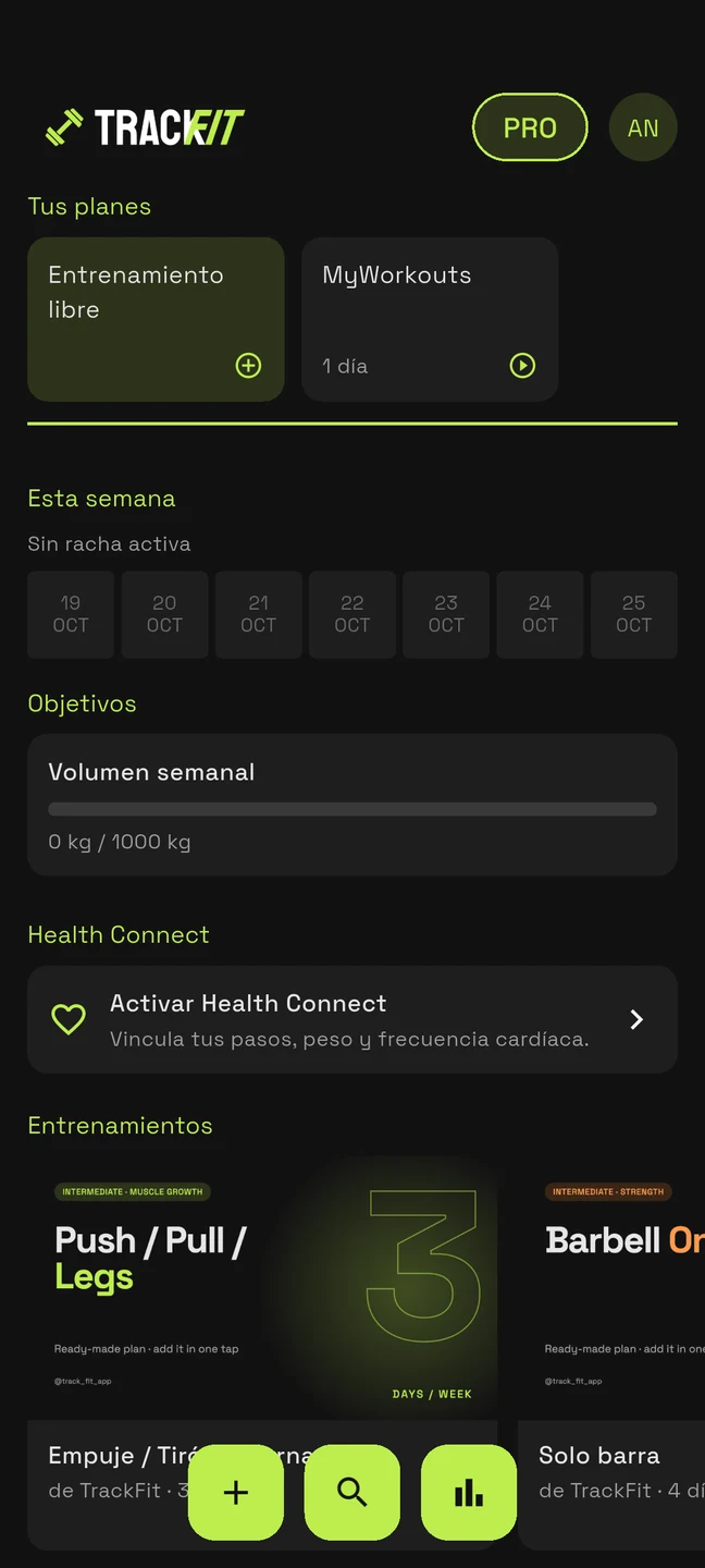 Inicio de TrackFit con rutinas personales y objetivos semanales