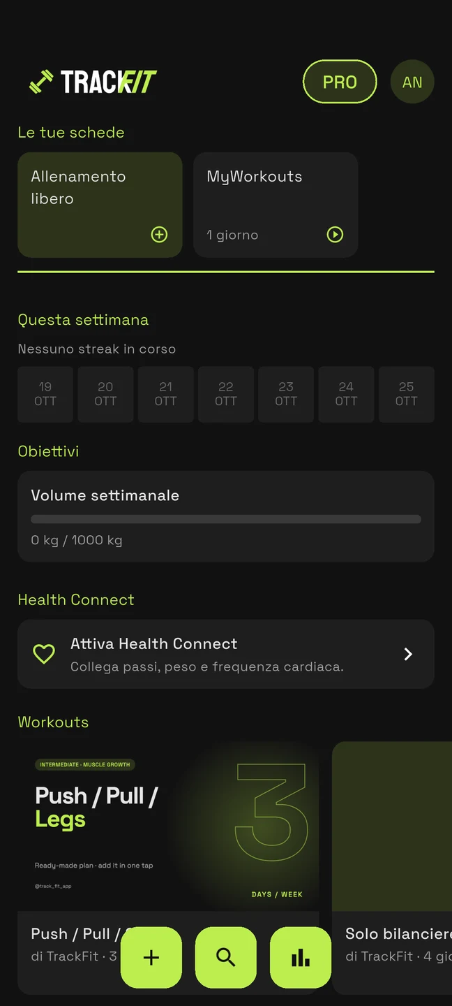Home di TrackFit con le schede personali e gli obiettivi settimanali