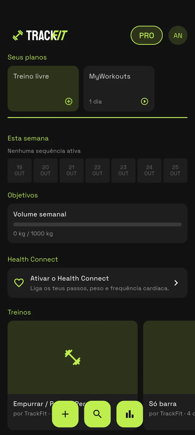 Início do TrackFit com fichas pessoais e metas semanais